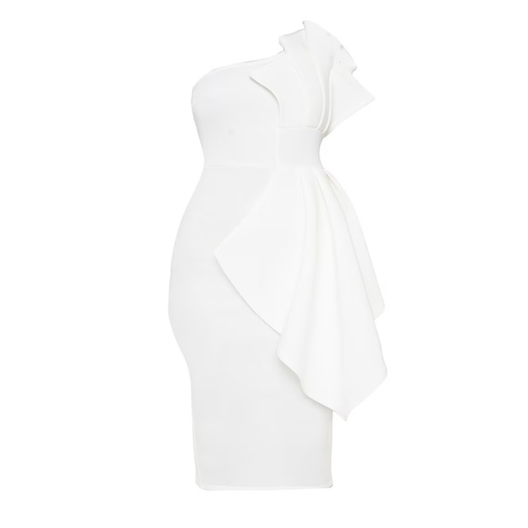 PLT White One Shoulder Scuba Pleated Detail Midi Dress - Size 6 - Picture 3 of 4
